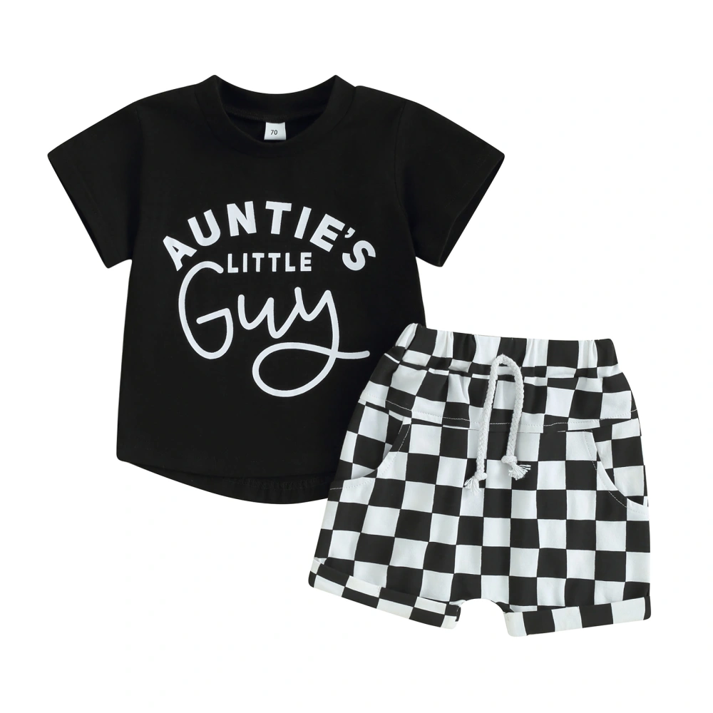 Toddler Boys 2 Piece Outfits T-Shirt and Elastic Checkerboard Shorts 