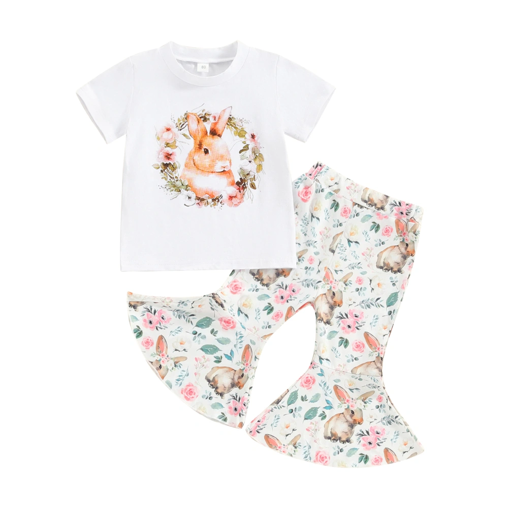 Girls Easter Outfit Bunny Print Short Sleeve T-shirt with Flower Pants