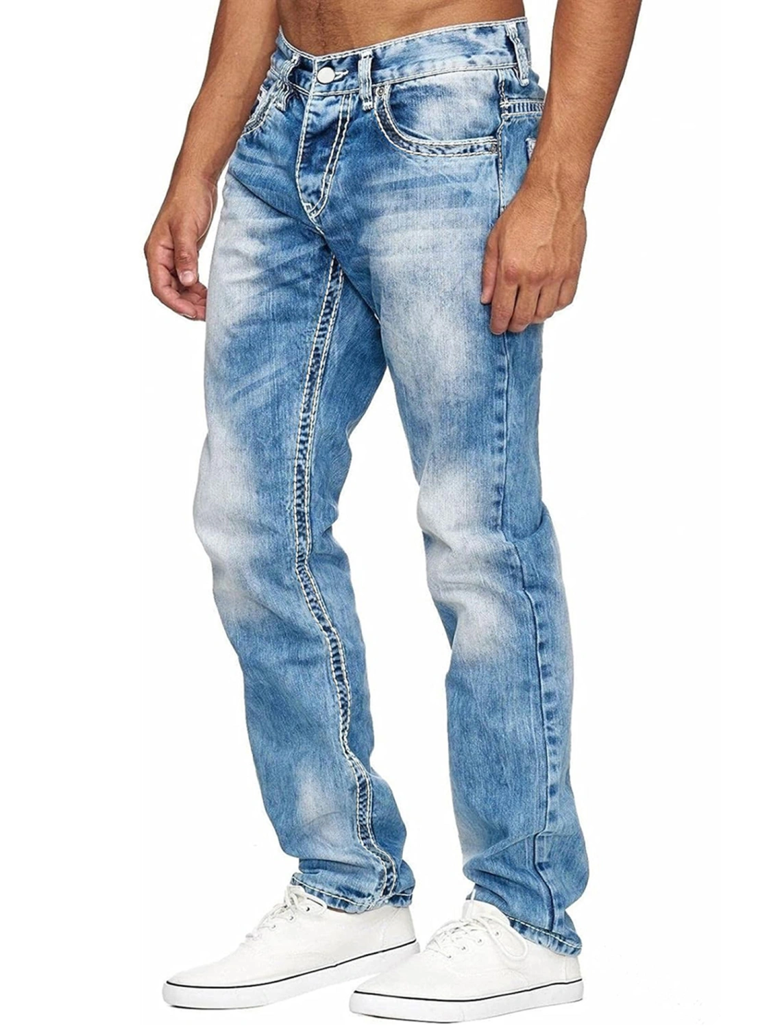 Men's Retro Straight Jeans, Gradient Color Distressed Denim Pants