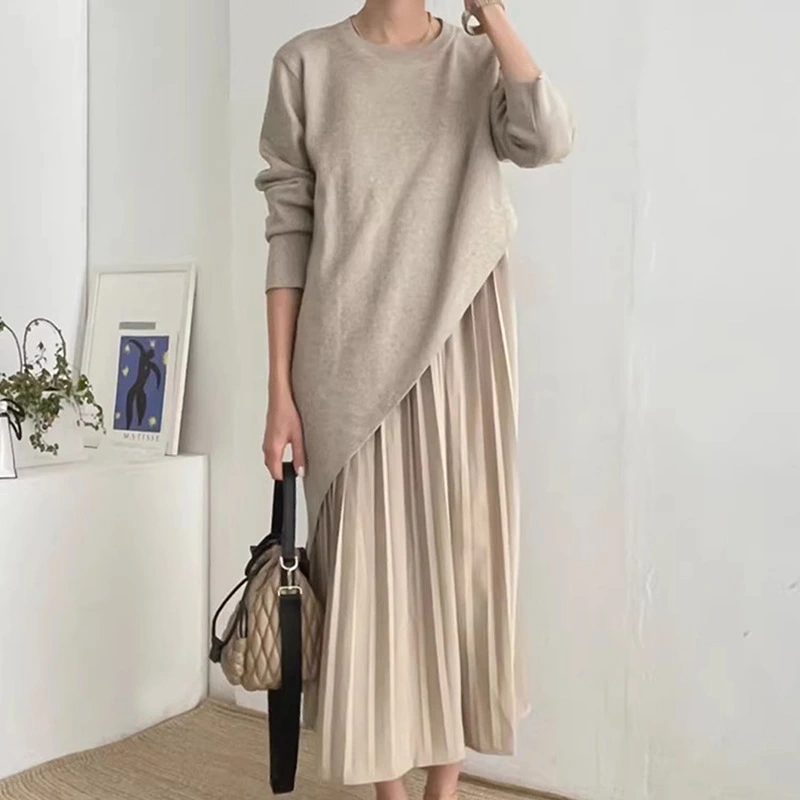 Autumn Elegance Retro Round Neck Irregular Design Loose Casual Patchwork Pleated Dress Women