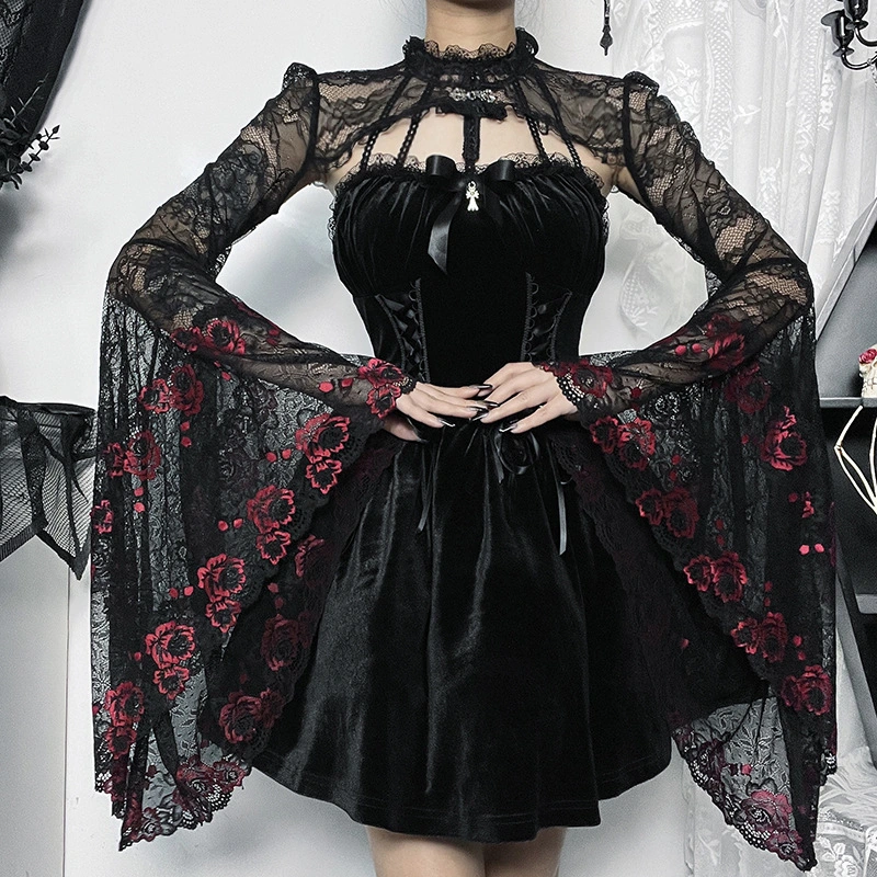 Dark Goth Style Embossed Slightly Transparent Slim Lace Smock Top