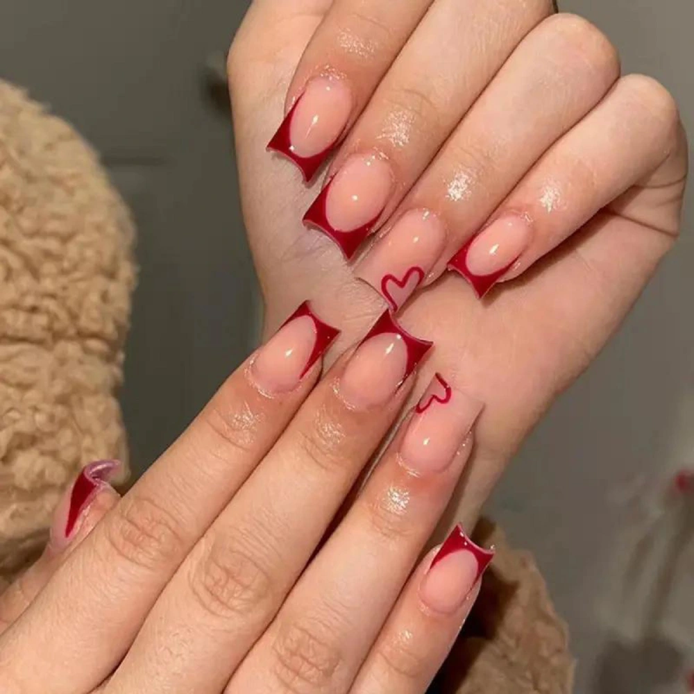 Wear Fake Simple Wine Red French Patch Manicure Removable Finished Nail Beauty