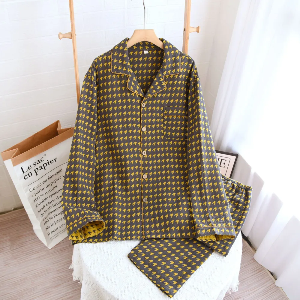 Yarn-dyed Washed Cotton Vintage Couple Cover Pajamas Double-layer Cotton Yarn Home Wear