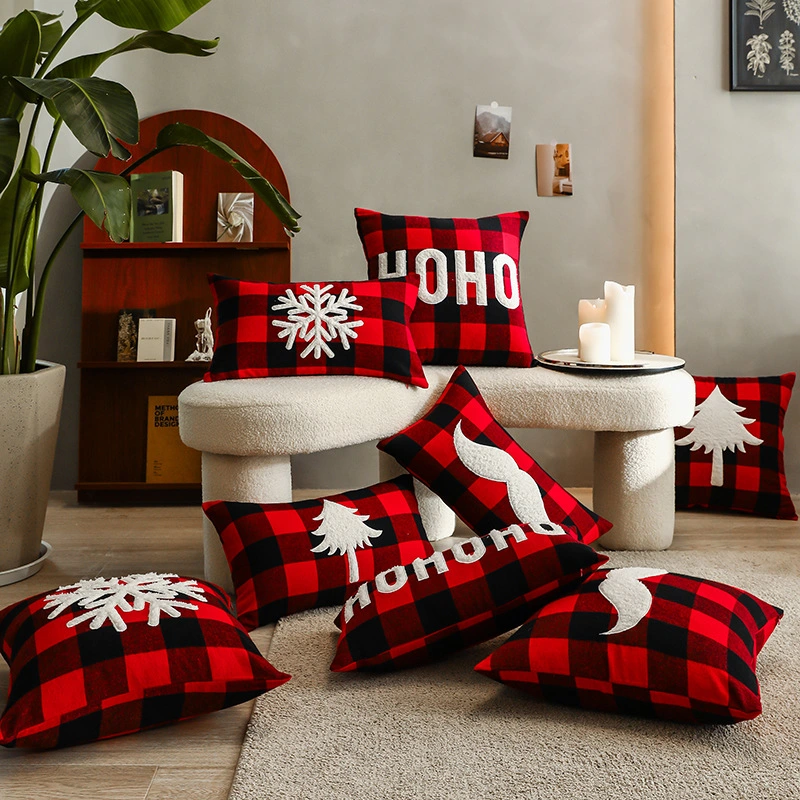 Christmas Red Black Plaid Embroidered Cushion Cushion Cover Without Core