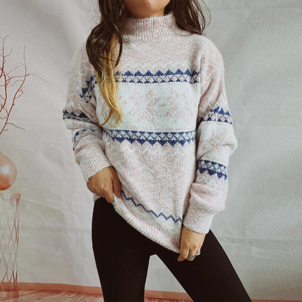 Chenille Thickened Snowflake Pattern Half-high Collar Long Sleeves Knitted Sweater