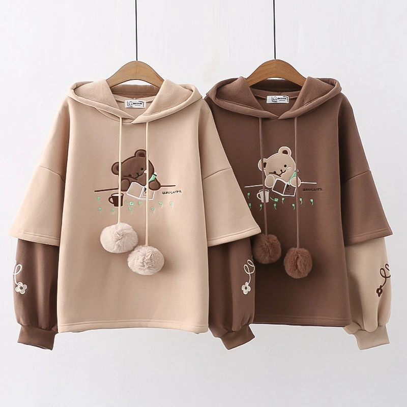 Japanese Mori Winter Fleece-lined Thickening Embroidery Painting Bear Hooded Pullover Women's Sweater