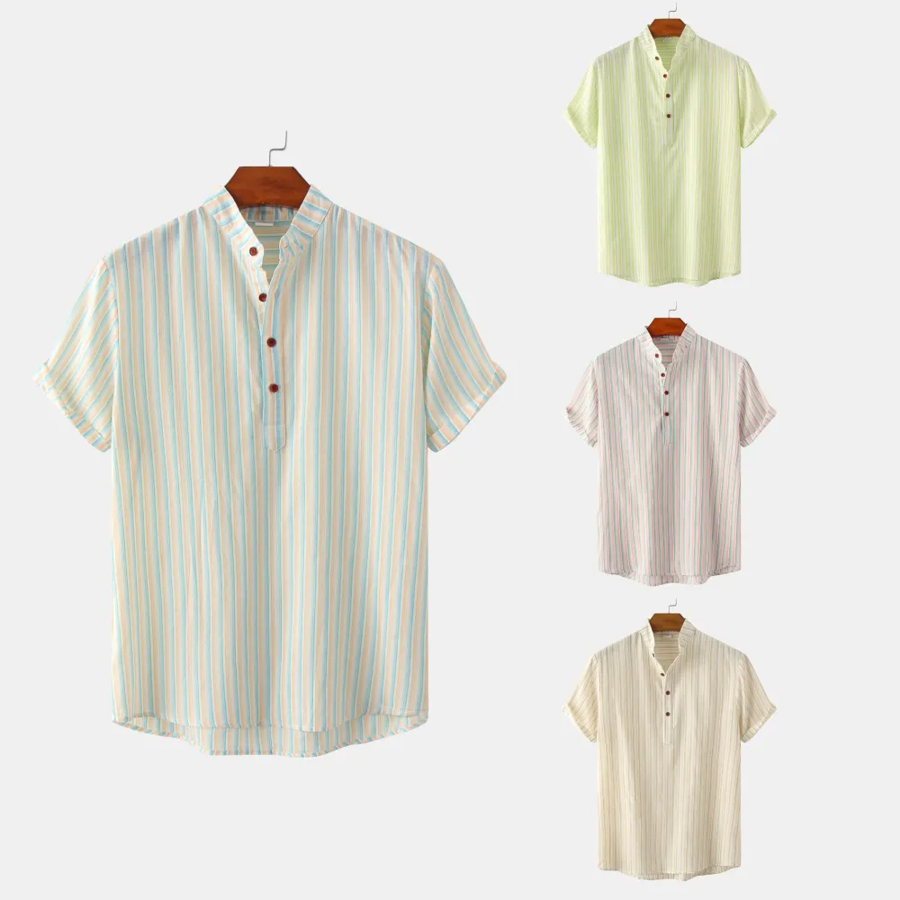 Foreign Trade Striped Printed Stand Collar Short Sleeve Shirt Men