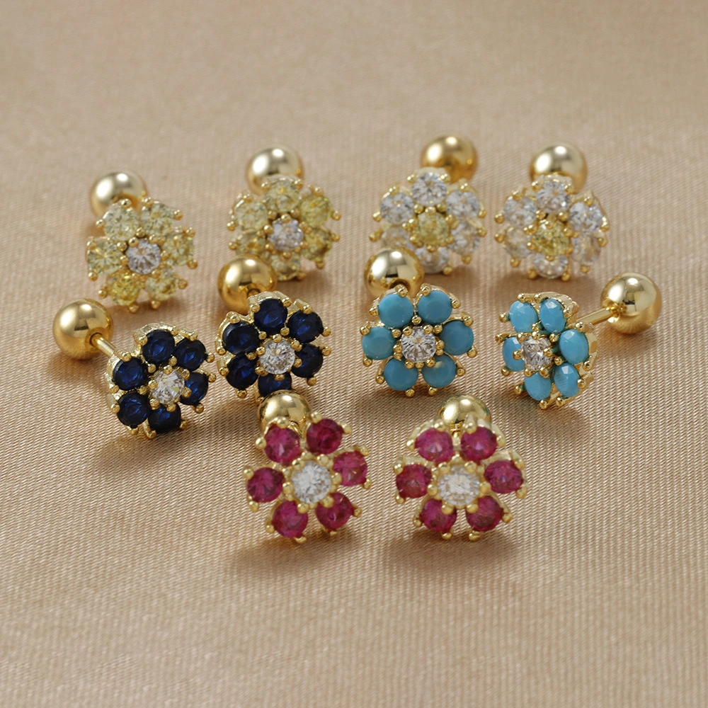 Japanese And Korean Color Zircon Sterling Silver Needle Ins Style Flower Diamond-embedded Screw Stud Earrings