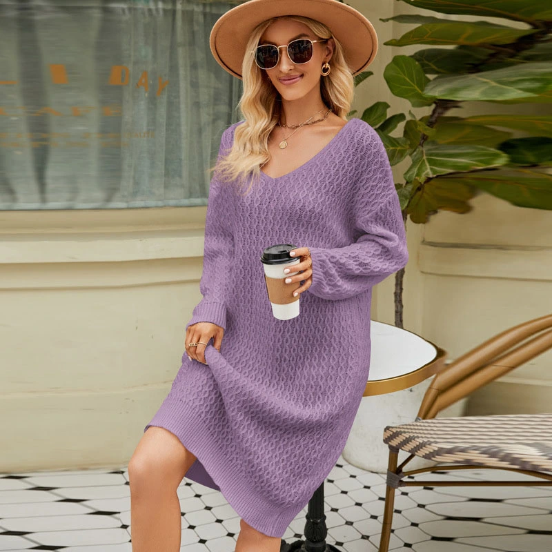 Women's Loose Solid Color Knitwear Dress Mid-length Autumn And Winter Lazy Pullover Sweater