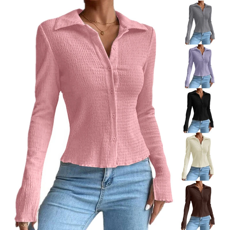 Women's Solid Color Stitching Split Sleeve Cardigan Button Top Lapel T-shirt