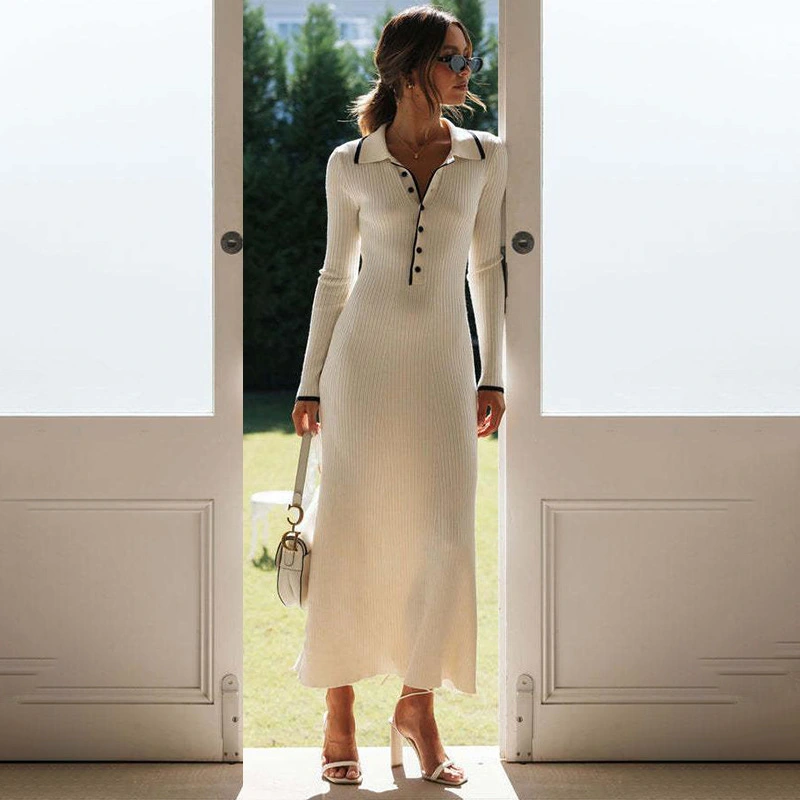 Women's Fashion Polo Collar Knitted Sheath Long Sleeve Dress