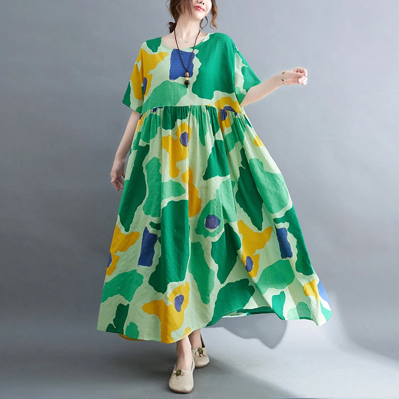 Literary Plus Size Fat MM Plus Fertilizer To Increase Printing Short Sleeved Dress