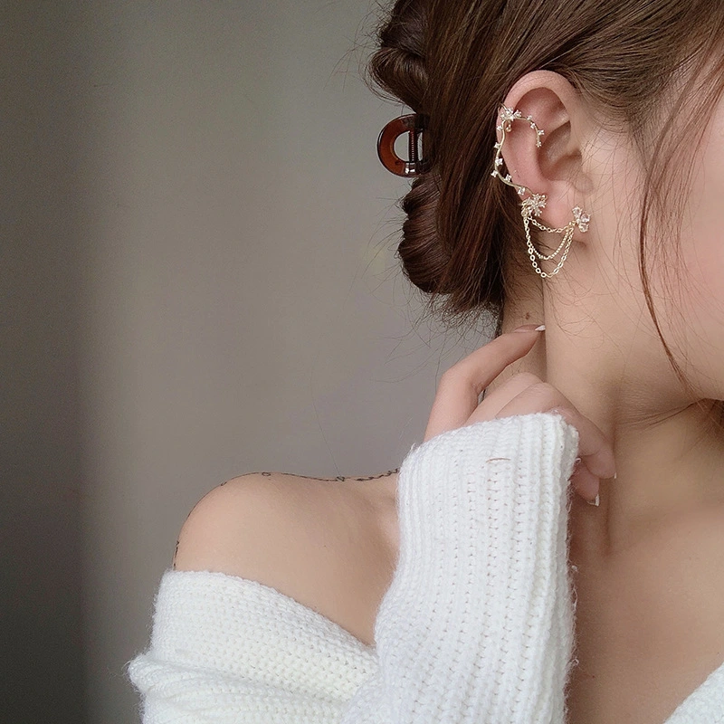 Exaggerated Luxury Tassel Zircon Micro-set Earrings 925 Silver Ear Needle Ear Bone Clip