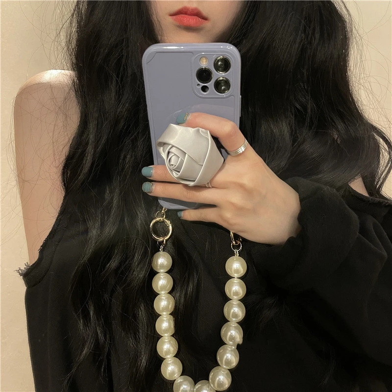 Haze Blue Flower Bracket Pearl Chain Phone Case