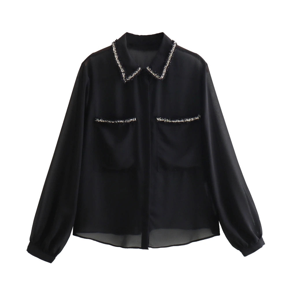 Autumn New European And American Style Texture Patchwork Pocket Decorative Chiffon Loose Shirt