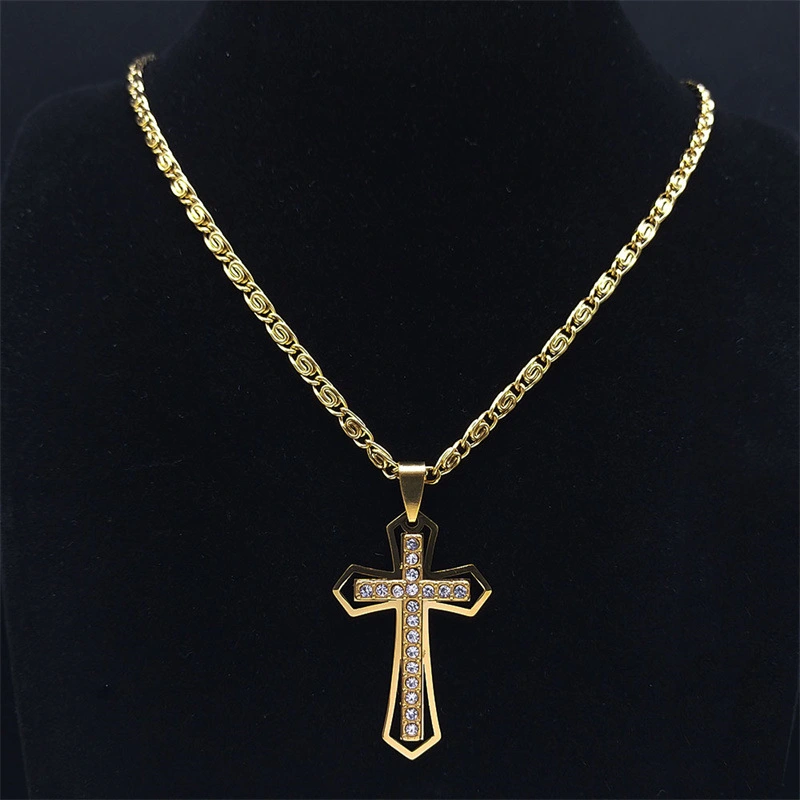 Crystal Pendant Men's Chain Necklace Gold Stainless Steel