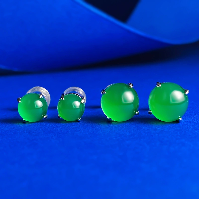 Silver Inlaid Simulation Green Chalcedony Ear Studs