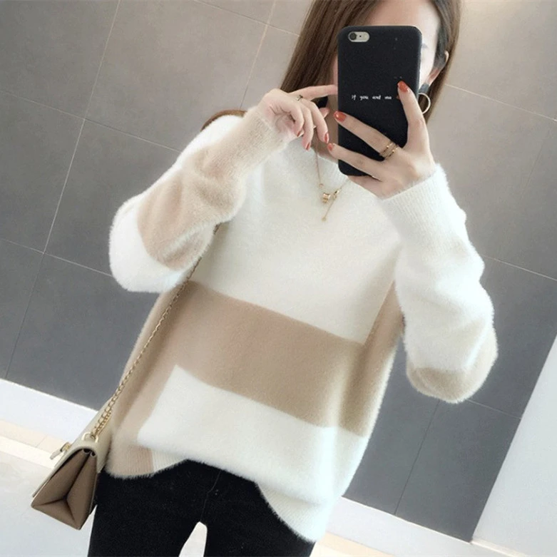 Casual Loose Pullover Long Sleeve Top Mink Wool Sweater