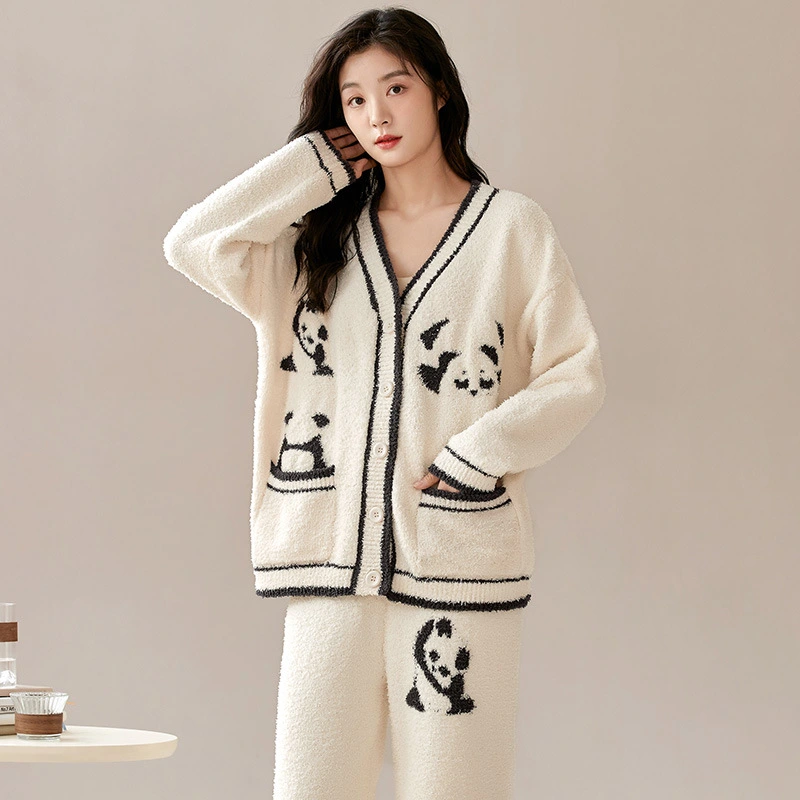 Coral Velvet Pajamas Women's Velvet Thickening Outfit Autumn And Winter Half Velvet Panda Home Wear Can Be Worn Outside