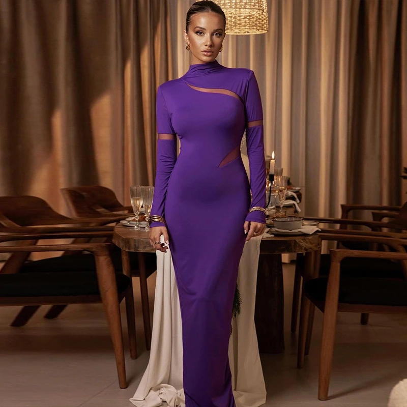 Women's Fashion Hollowed-out Slim-fit Turtleneck Solid Color Dress
