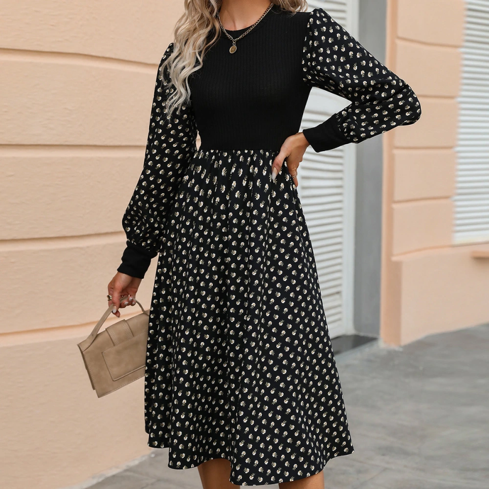 Round Neck Waist Trimming Printed Long Sleeve Women's Dress