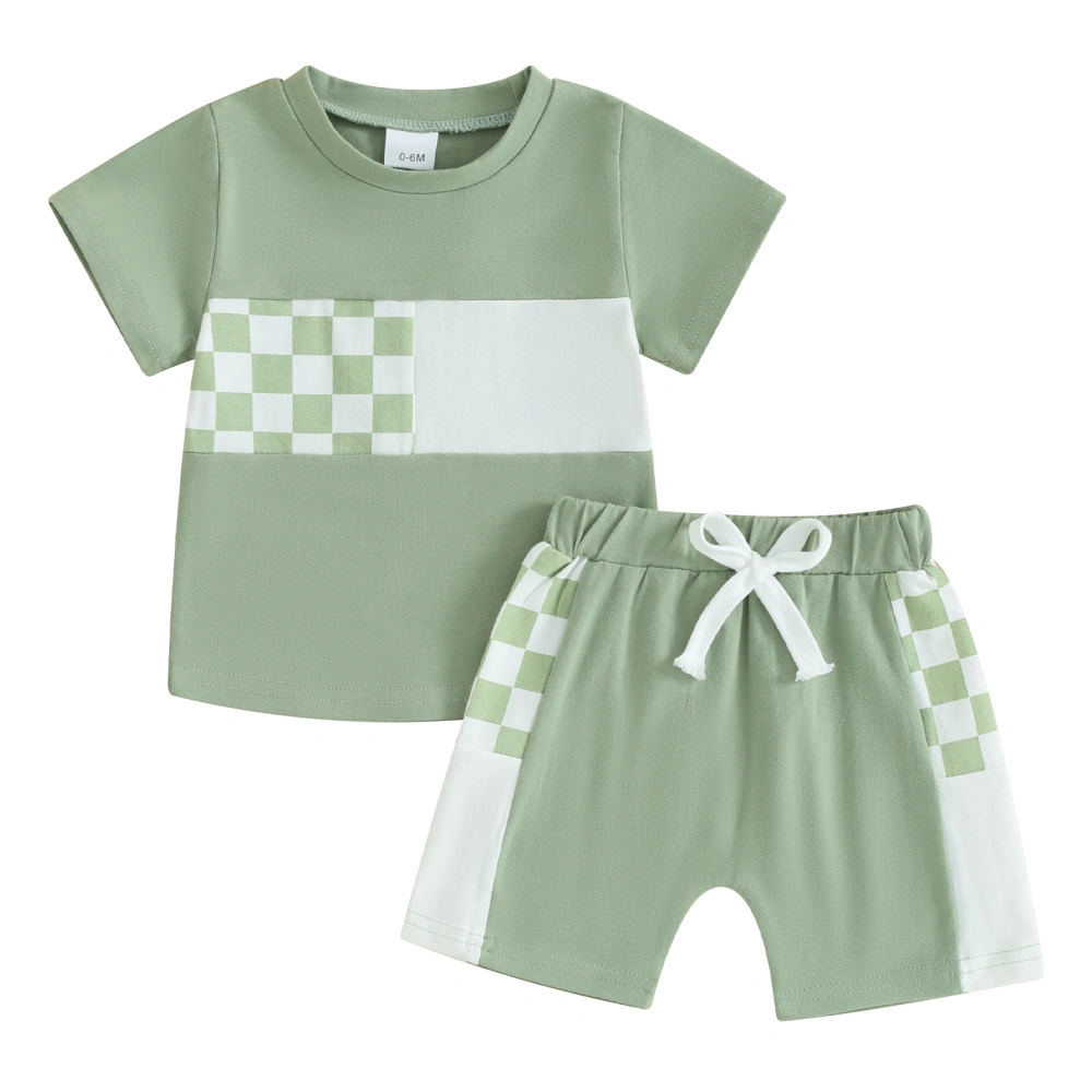 Toddler Boy 2 Piece Outfits Plaid Patchwork T-Shirt and Elastic Shorts