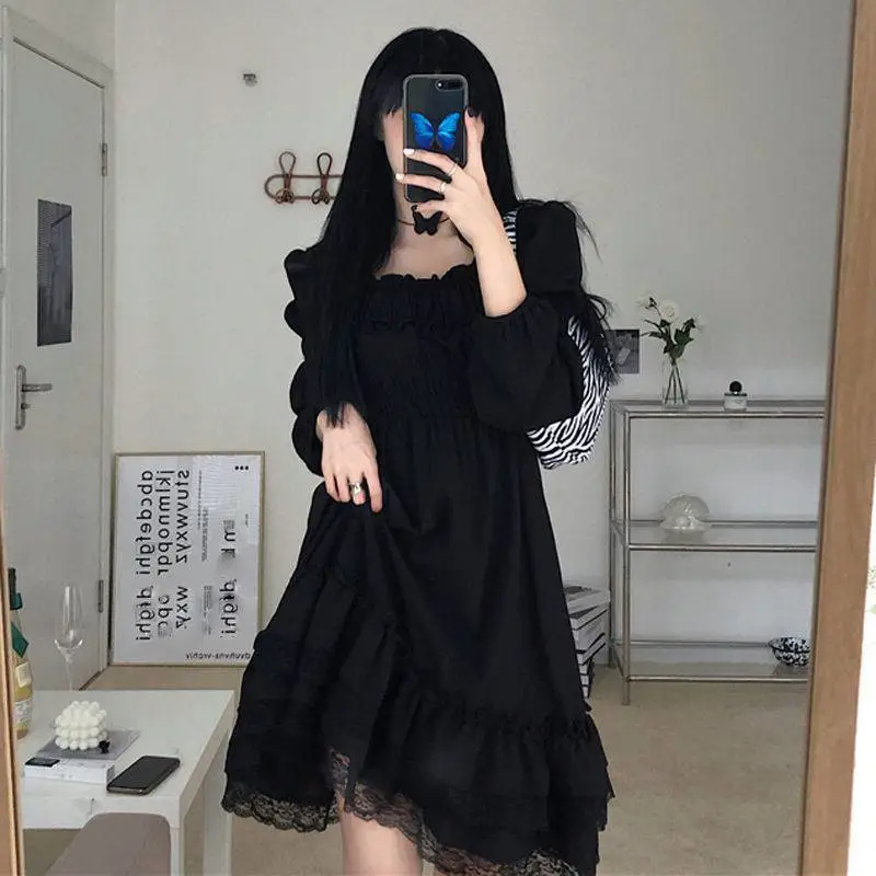 Lace Black Long Sleeve Square Neck Dress