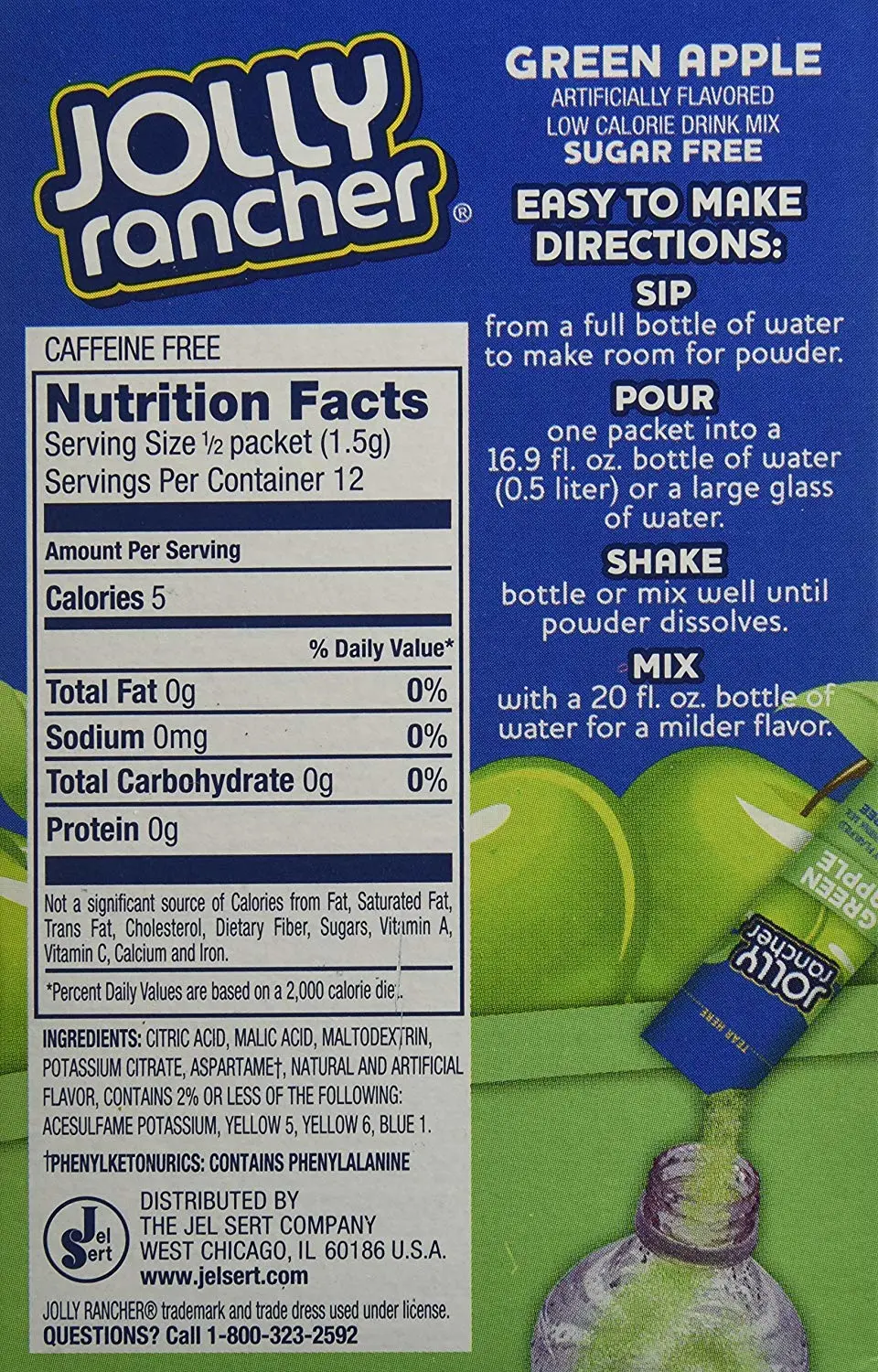 1 (6-ct.) Box JOLLY RANCHER ~ GREEN APPLE Singles to Go! Sugar Free Drink Mix.