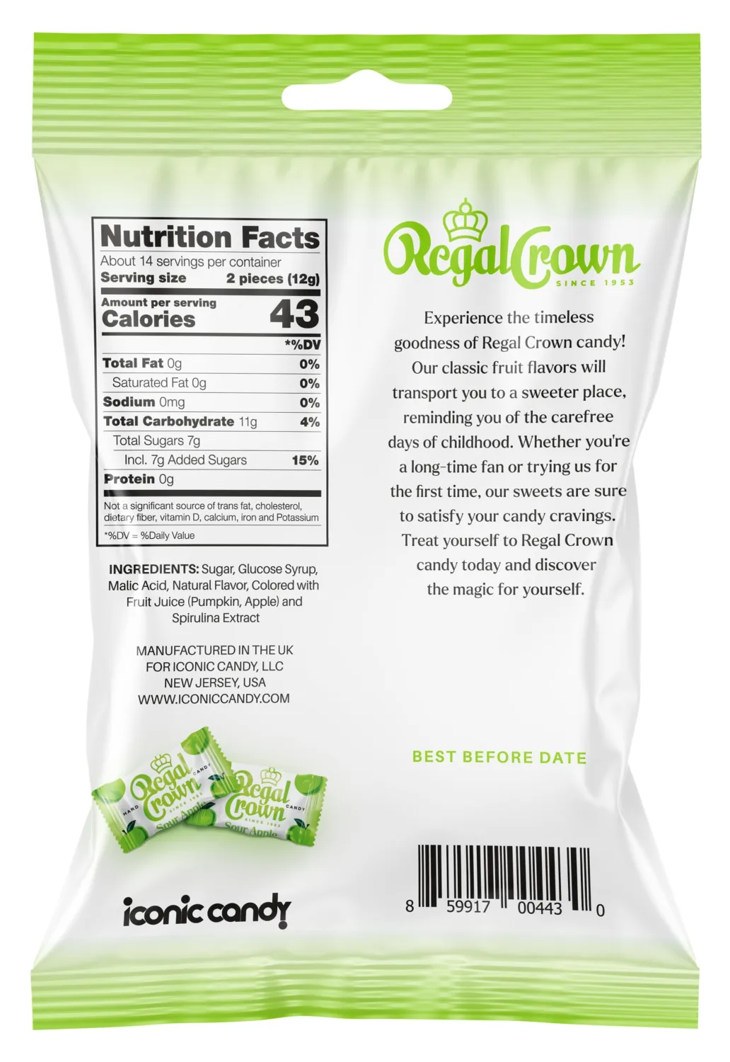 Regal Crown Sour Apple Hard Candy | Old Fashioned Sour Apple Candy | Traditional Crisp and Tarte Apple Candy Brought To You By Iconic Candy | 6.25oz Peg Bag (1)