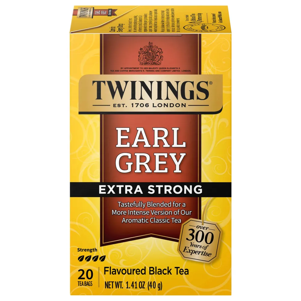 Twinings Earl Grey Extra Strong Black Tea Individually Wrapped Bags, 20 Count (Pack of 6), Flavoured with Citrus and Bergamot, Caffeinated, Enjoy Hot or Iced | Packaging May Vary