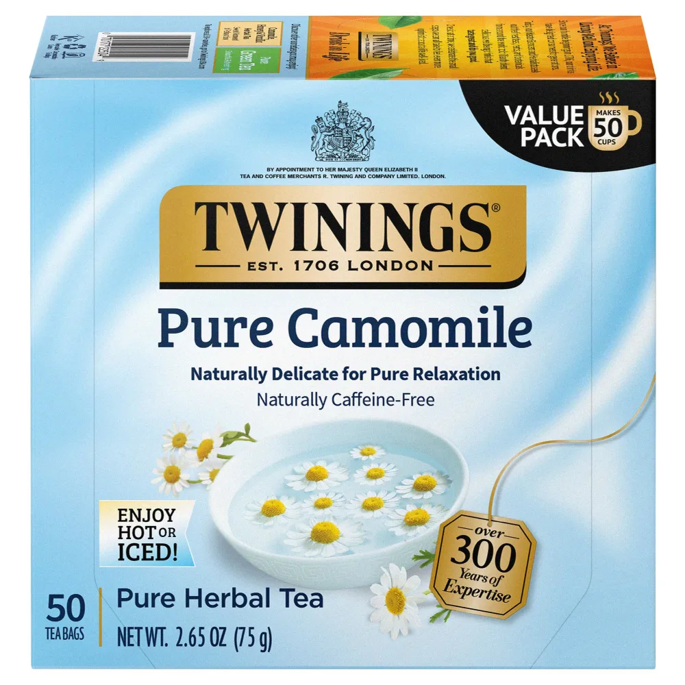 Twinings Pure Camomile Herbal Tea individually Wrapped Bags, 50 Count Pack of 6, Naturally Caffeine Free