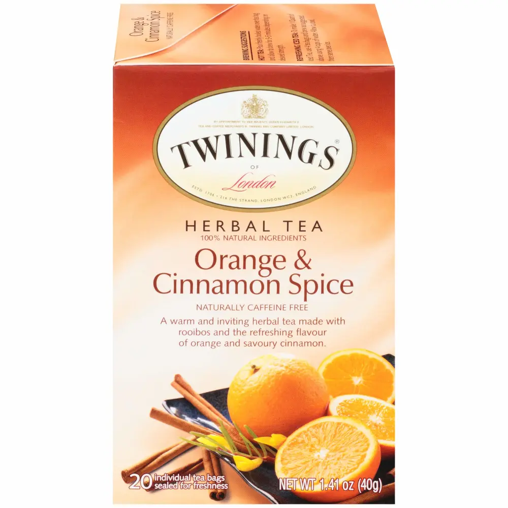 Twinings Orange & Cinnamon Spice Individually Wrapped Tea Bags, 25 Count Pack of 6, Herbal Tea, Caffeine Free