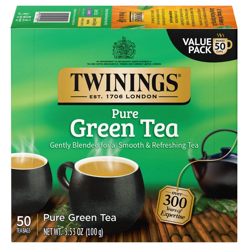 Twinings Pure Green Tea Individually Wrapped Bags, 50 Count (Pack of 6), Smooth Flavour, Enticing Aroma, Caffeinated, Enjoy Hot or Iced | Packaging May Vary