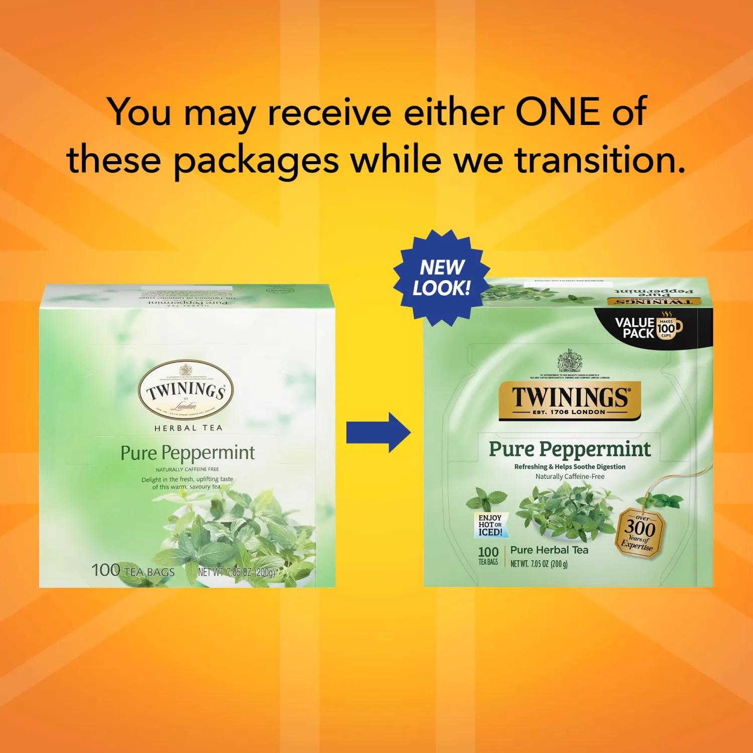 Twinings Pure Peppermint Herbal Tea Individually Wrapped Bags, 100 Count (Pack of 1), Fresh Minty Flavour, Naturally Caffeine-Free, Enjoy Hot or Iced | Packaging May Vary