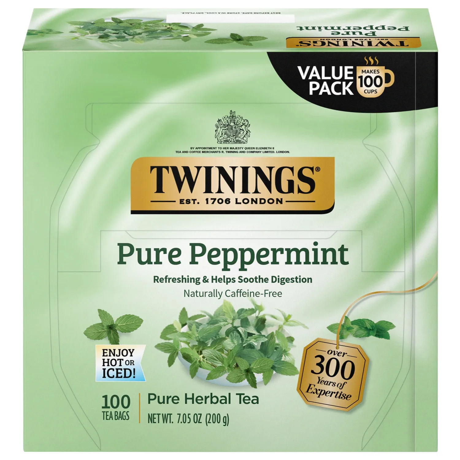 Twinings Pure Peppermint Herbal Tea Individually Wrapped Bags, 100 Count (Pack of 1), Fresh Minty Flavour, Naturally Caffeine-Free, Enjoy Hot or Iced | Packaging May Vary