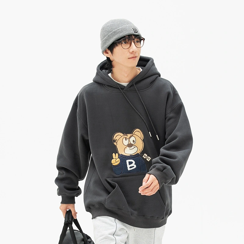 New Bear Embroidered Print Loose Pullover Hoodie