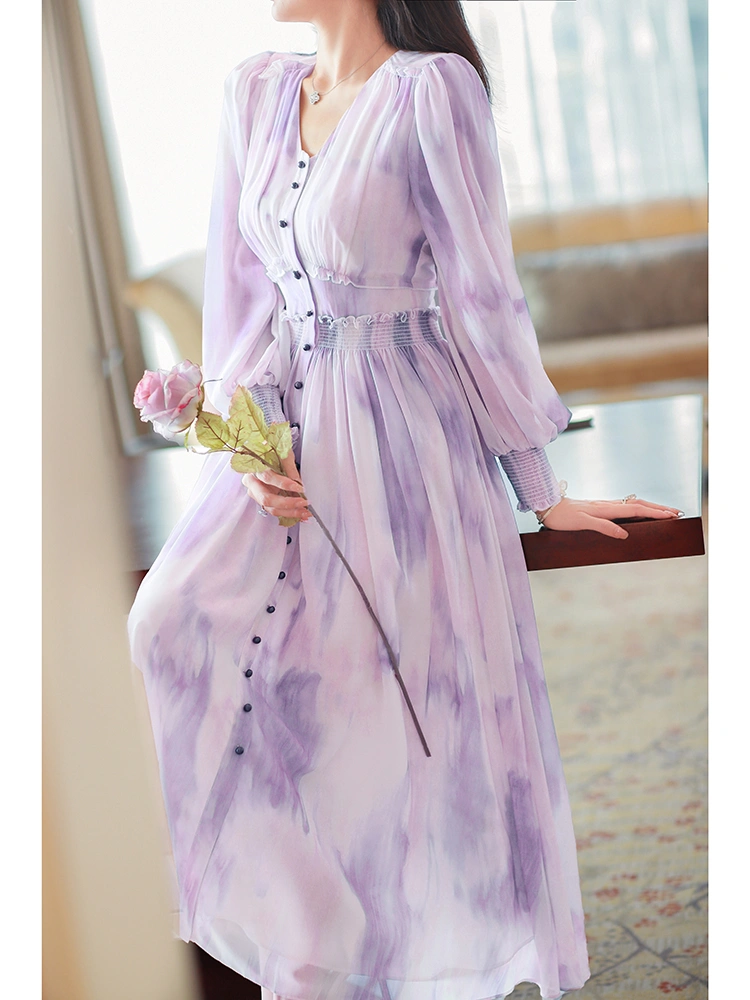 V-neck Waist Long Dress Purple Tie-dye Gentle Style Dress