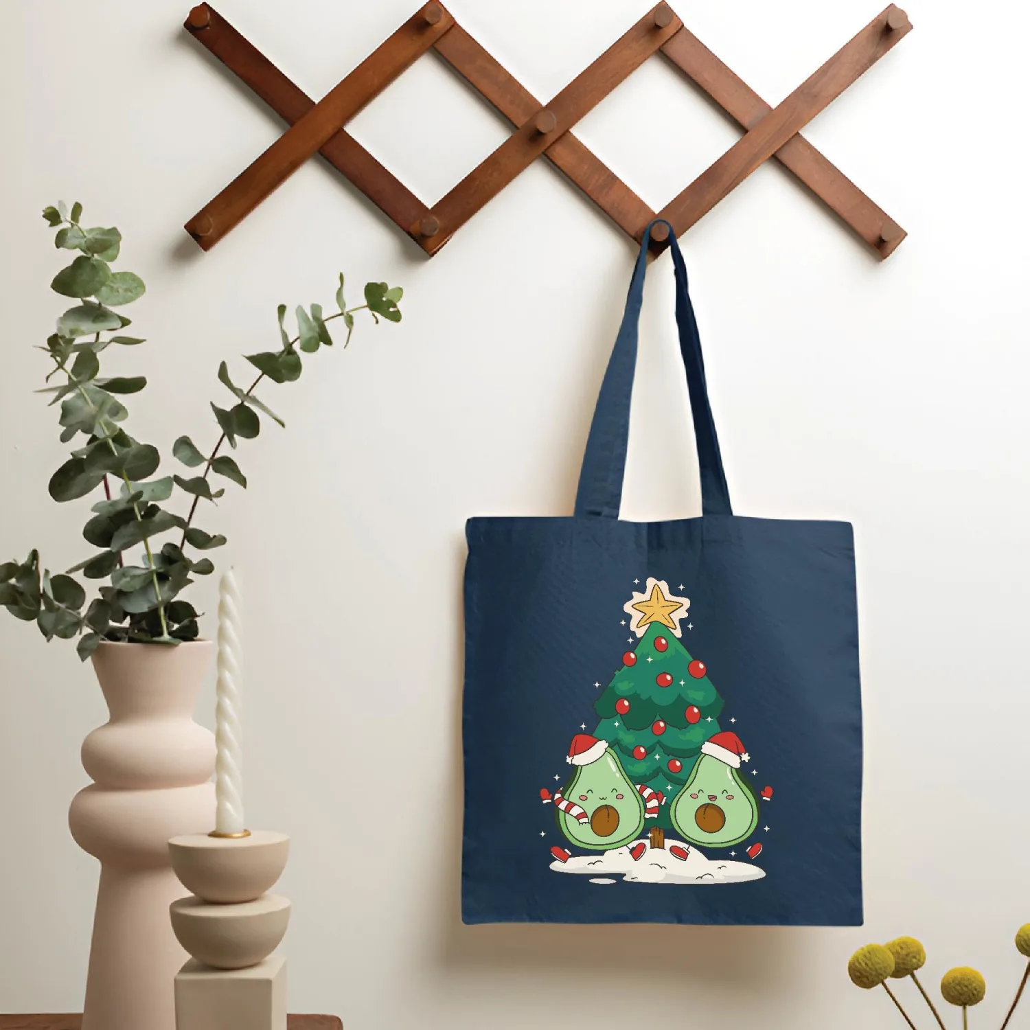 Christmas Gift Happy Avocado Design Perfect for Teenagers Navy Black Multicolor Canvas Tote Bag