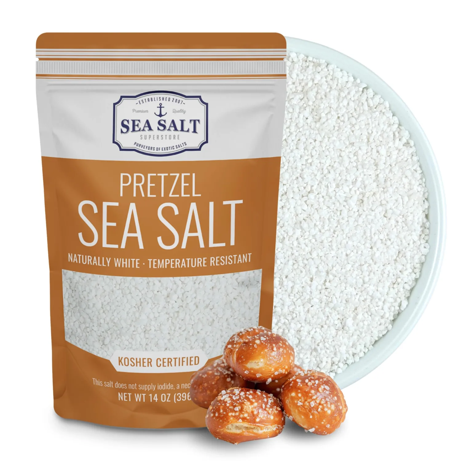 Pretzel Sea Salt, Coarse Sea Salt for Soft Pretzels, Heat Resistant Bagel and Soft Pretzel Salt, All Natural Sea Salt for Baking, 14 oz Bag, Sea Salt Superstore