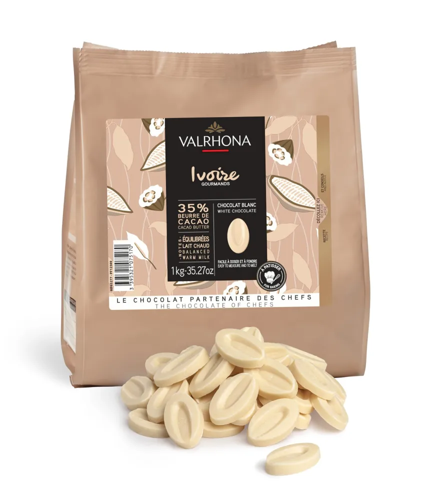 Valrhona Premium French Baking Creamy White Chocolate Discs (Feves) IVOIRE 35% Cacao. Easy Melt and Tempering. Hints of Vanilla & Warm Milk. For Sauces, Mousses, Frostings and Candies 1kg (Pack of 1)