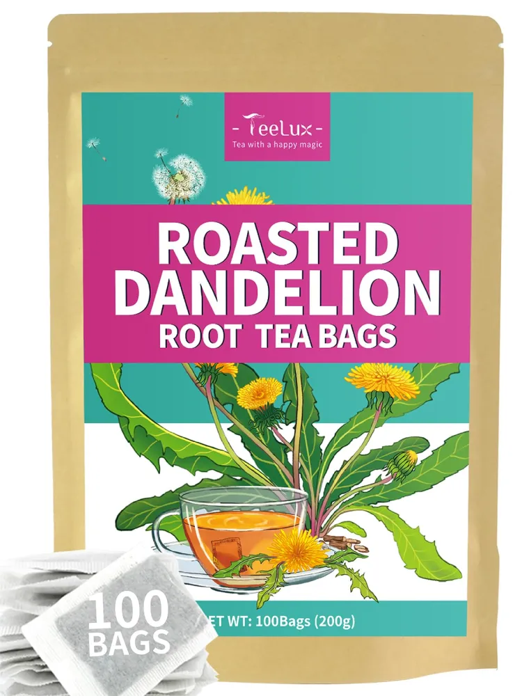 TeeLux Roasted Dandelion Root Tea Bags, Premium Natural Dandelion Root Herbal Tea, Caffeine Free, 100 Tea Bags