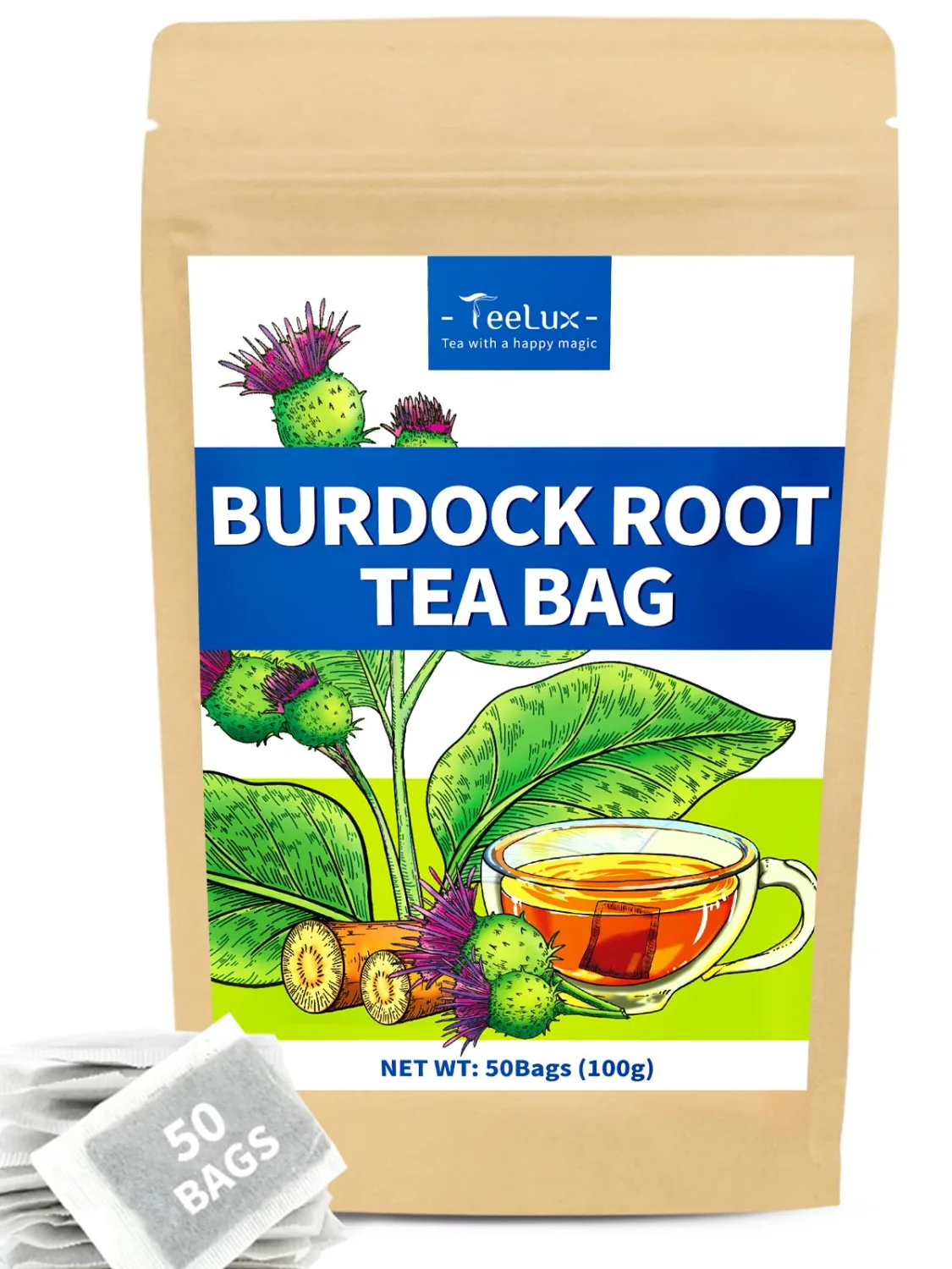 TeeLux Burdock Root Tea Bags, Pure Natural Burdock Root, Caffeine Free, Premium Herbal Tea, 50 Tea Bags