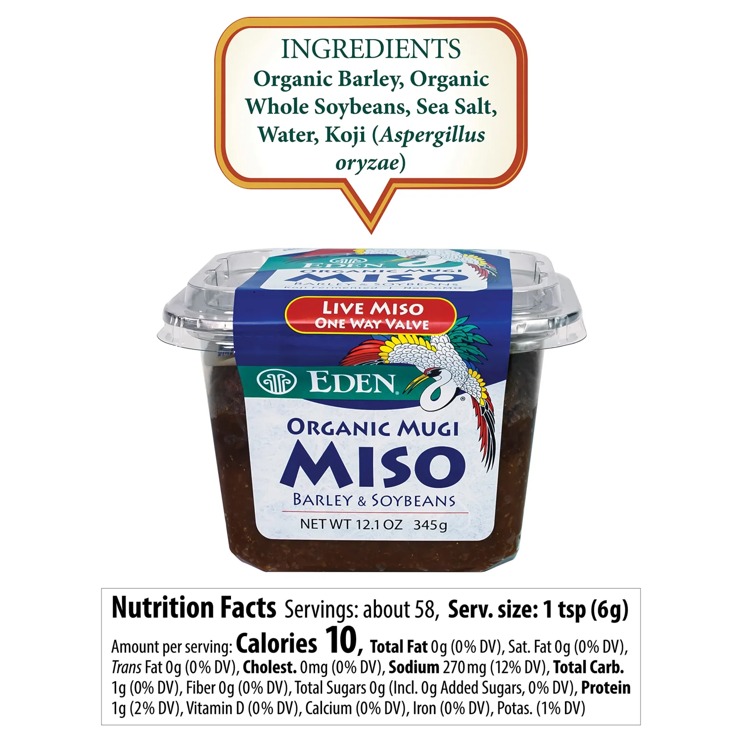 Eden Organic Mugi Miso Paste, Live Culture, Barley and Soybeans, Light and Versatile, Made in Japan, 12.1oz (345g)