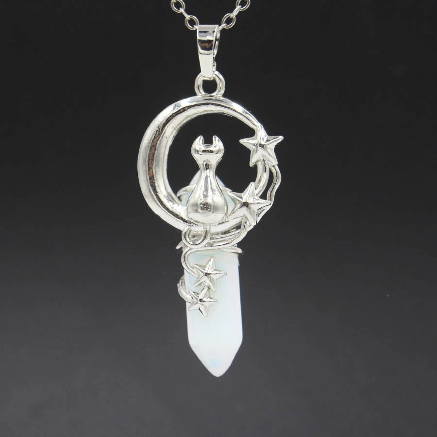 Hexagon Prism Crystal Star Moon Cat Pendant Simple Style Fashion