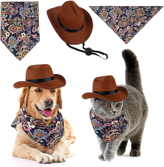 2pcs Dog Cowboy Hat with Vintage Triangle Towel for Cat Small Dogs Cute Pet Western Cowboy Set Cosplay Jazz Hat Puppy Costume Accessories (Size, S)