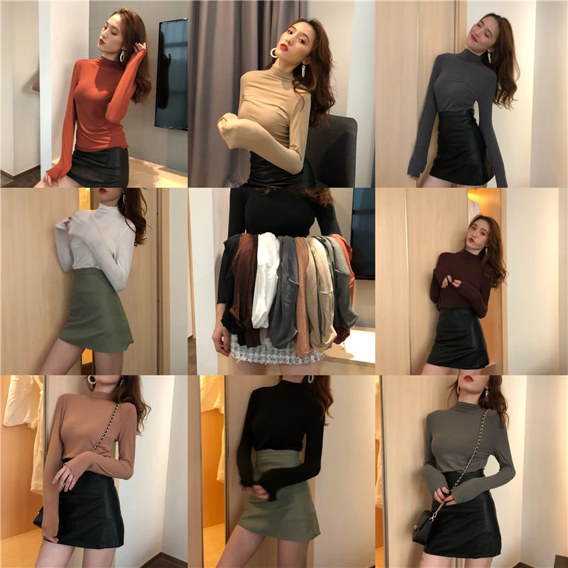Simple Solid Color Women's Turtleneck Solid T-shirt