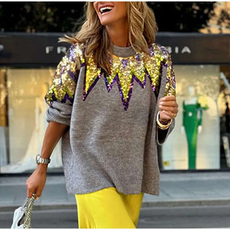 Loose Round Neck Long Sleeve Fashion Colorblock Sequined Pullover Sweater