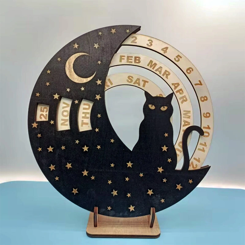 Cat Wolf Wooden Perpetual Calendar Roun