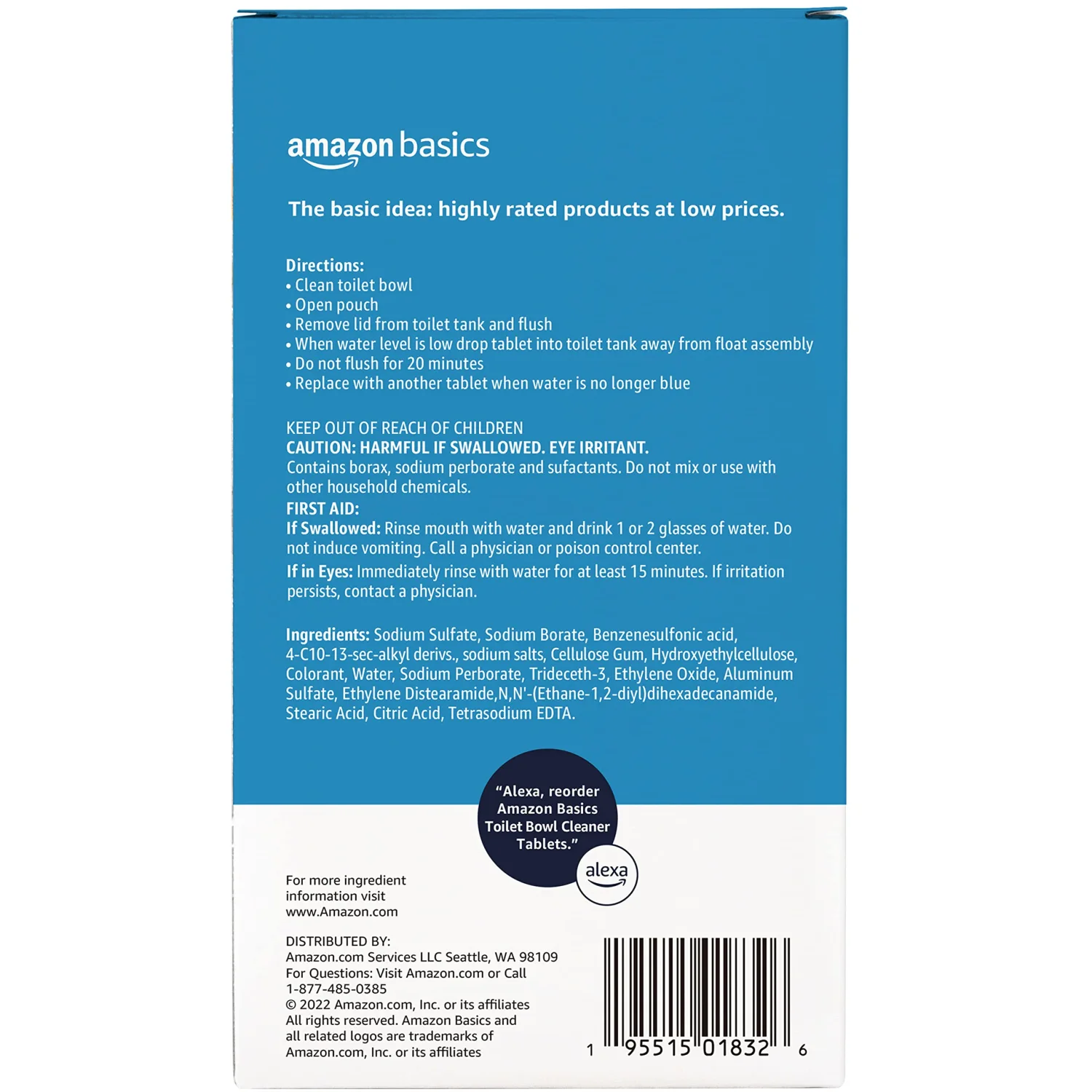 Amazon Basics Toilet Bowl Cleaner Blue Tablets with Oxygen Bleach, Unscented, 5 Count, Pack of 1