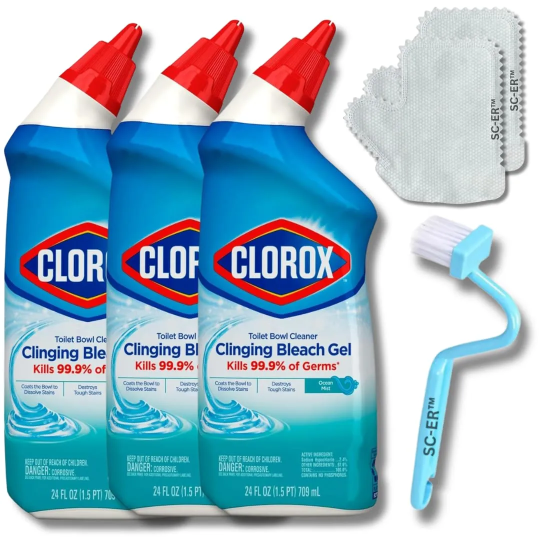 3PK Clorox®' Toilet Bowl Cleaner Clinging Gel with Bleach - Ocean Mist/Cool Wave Scent - 24 Fl Oz EACH + 2pk Microfiber Cleaning & Dust Removal Gloves + 1 Plastic V-Type Toilet Brush